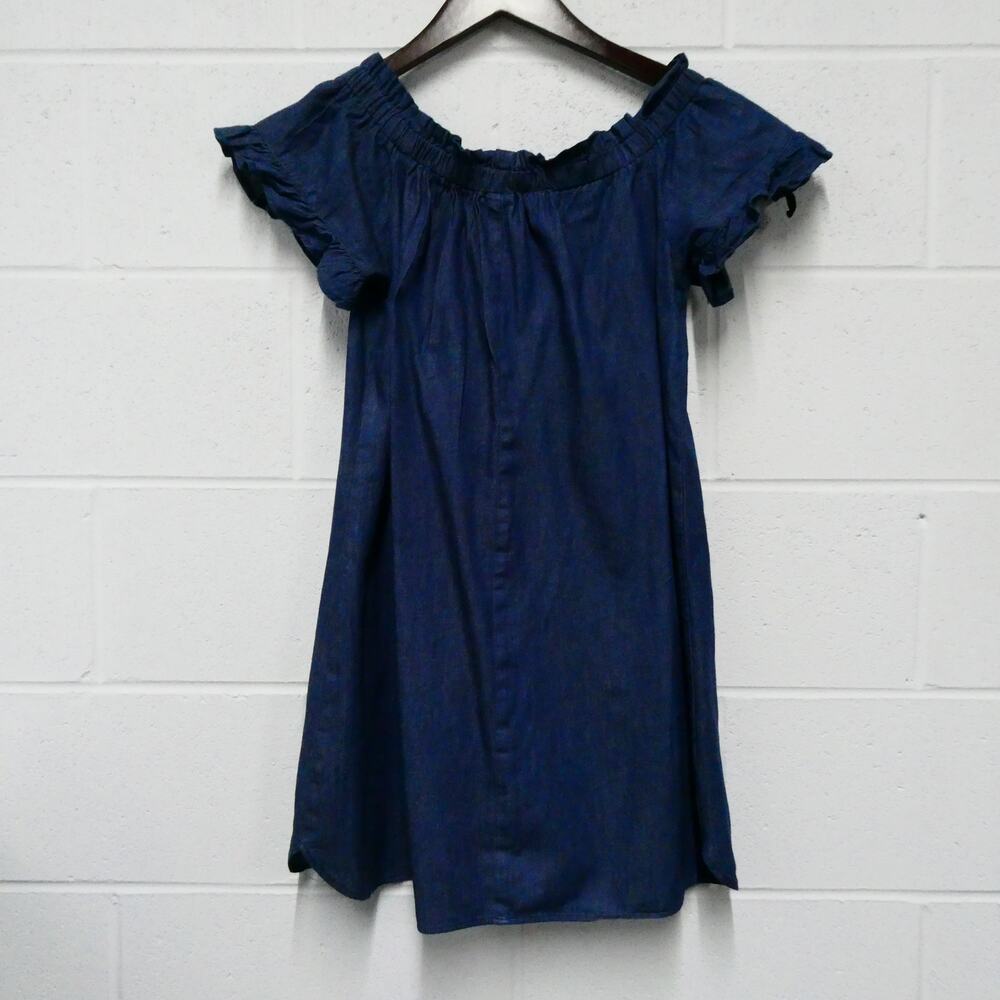 Wrapper Denim Peasant Dress Womens Medium Blue Off Shoulder Tassel Ruffle Mini - Picture 4 of 5